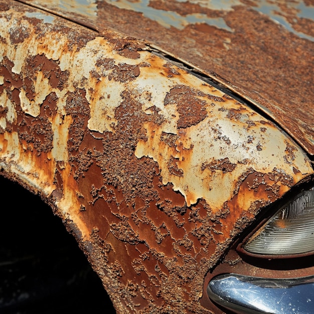 Photo detailed view of rust removal and treatment on a car panel