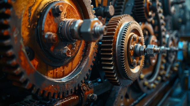 Detailed view of rusty interlocking industrial gears in a factory setting showcasing mechanical engineering and machinery