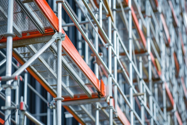 Photo a detailed view of the scaffolding structure on a building illustrating the construction process a modernized scaffolding system with integrated safety technology ai generated