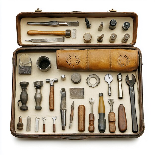 Photo a detailed view of a shoe repair kit including tools for cleaning polishing and patching