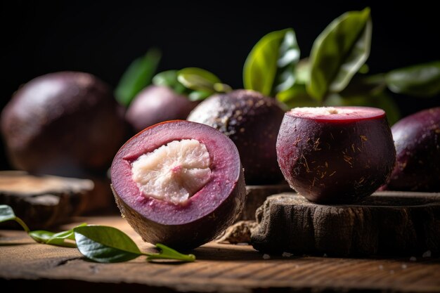 A detailed view of a sliced open Mangosteen showcasing its white flesh with its vibrant rind