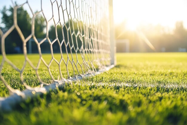 Photo detailed view of a soccer net with a grassy field and sunlight