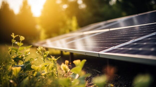 Detailed view of solar panels in a field on a background of blurred sunlight and trees