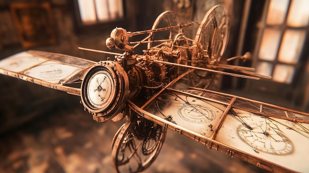 A detailed view of a steampunk flying machine