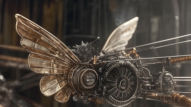 A detailed view of a steampunk flying machine