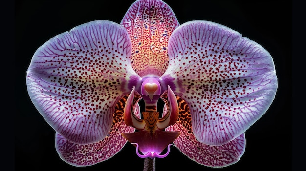 Detailed view of a stunning pink white and red spotted phalaenopsis orchid flower