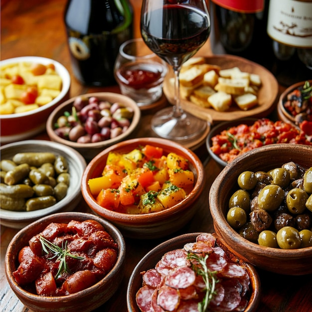 Photo a detailed view of a tapas spread with various spanish appetizers and wine