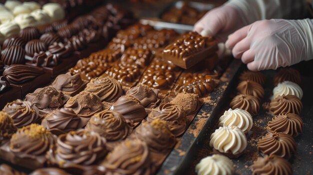 Photo a detailed view of a tray filled with a variety of delicious chocolates