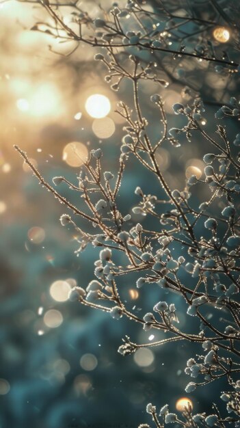 A detailed view of a tree covered in snow with a bokeh effect from icy branches on a frosty winter morning