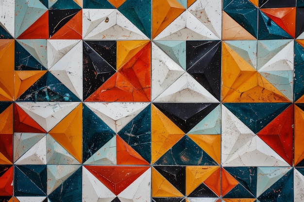 Detailed view of a vibrant and geometric tile wall with sharp angles and contrasting colors A geometric pattern with sharp angles and contrasting colors