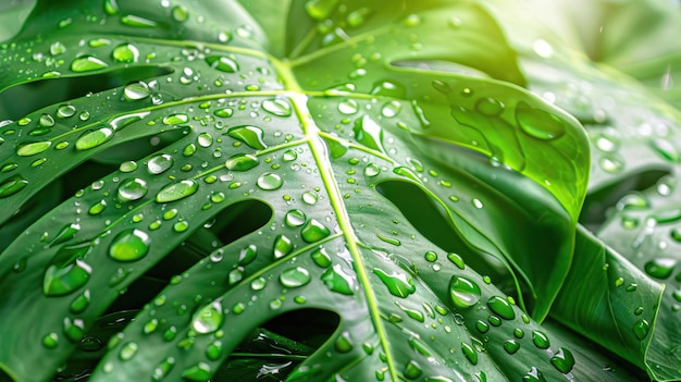 Detailed view of vibrant green monstera leaves their natural holes highlighted by the sparkle of raindrops caught in the soft glow of early morning sunlight