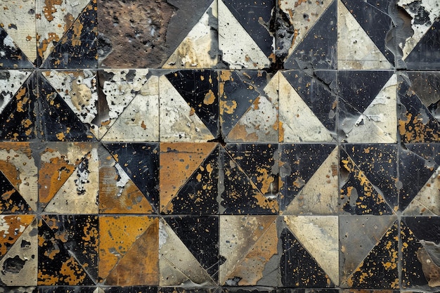 Detailed view of a wall showcasing a geometric pattern resembling corroded metal A geometric pattern resembling corroded metal and crumbling concrete