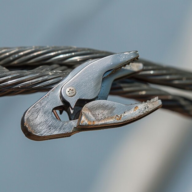 Photo a detailed view of a wire cutter snipping through a cable