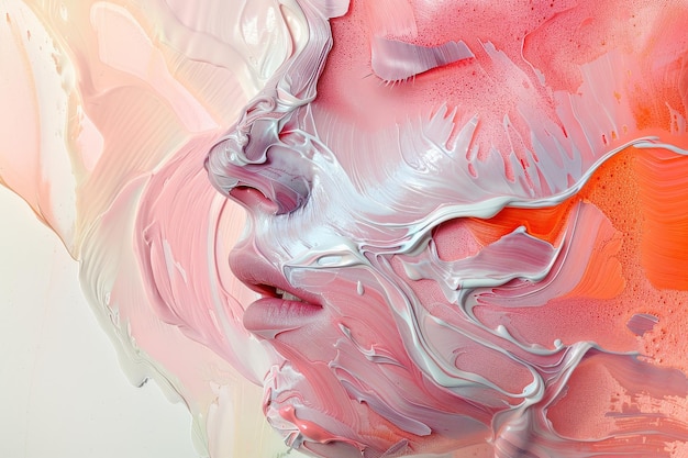 Detailed view of a womans face covered in pink and white paint showcasing abstract interpretations Creating abstract interpretations of the hair removal process