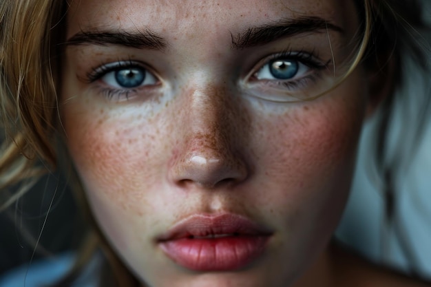 A detailed view of a womans face showcasing her freckles A portrait of a person with piercing eyes and a subtle smile