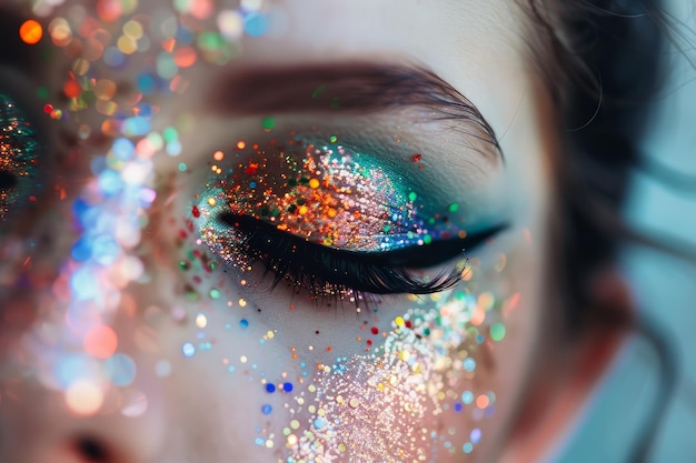 A detailed view of a womans face with shimmering glitter applied to her eyes A glittery and glamorous makeup look fit for a night out on the town