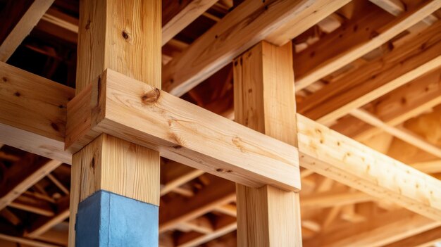 Photo detailed view of wooden beams in a construction framework highlighting structural integrity and craftsmanship in building construction