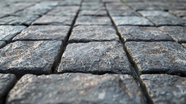 A detailed view of a worn cobblestone path with cracks and crevices