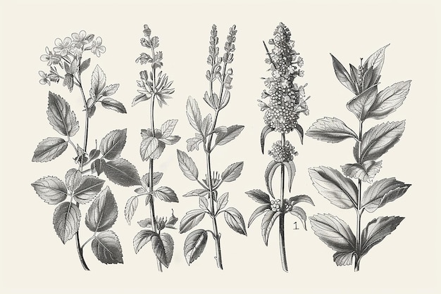 Photo detailed vintage botanical engravings of delicate plant species