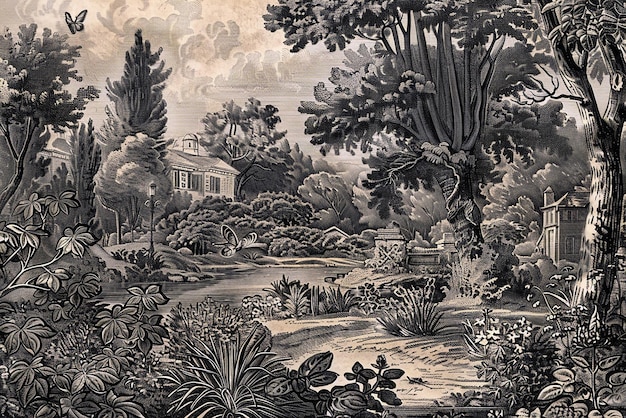 Detailed Vintage Garden Engravings Depicting Historical Flora in Serene Setting