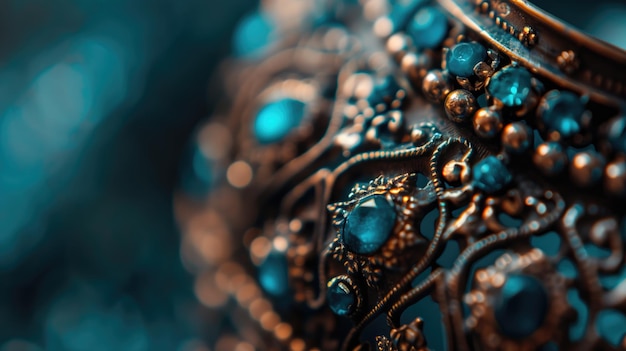 Detailed vintage jewelry with turquoise stones ornate craftsmanship against a blue backdrop