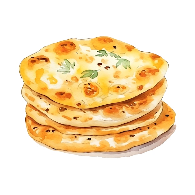 Detailed Watercolor of Fluffy and Textured Naan Bread on White Background