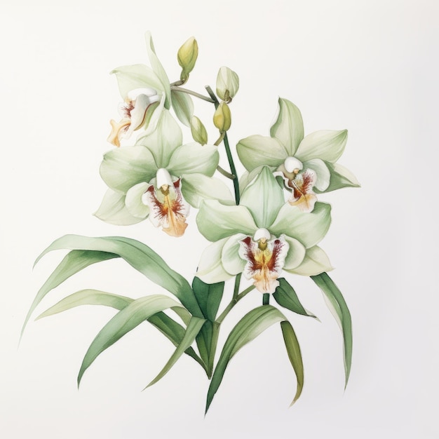 Detailed Watercolor Illustration Of Green Orchid Flor