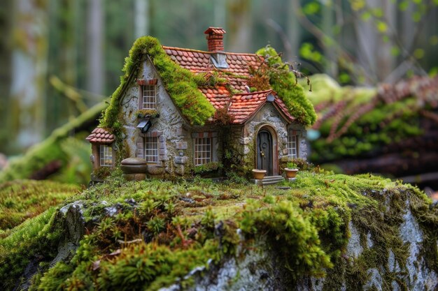 Photo detailed whimsical miniature house nestled among moss and nature