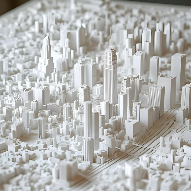 Photo detailed white model of a cityscape with skyscraper