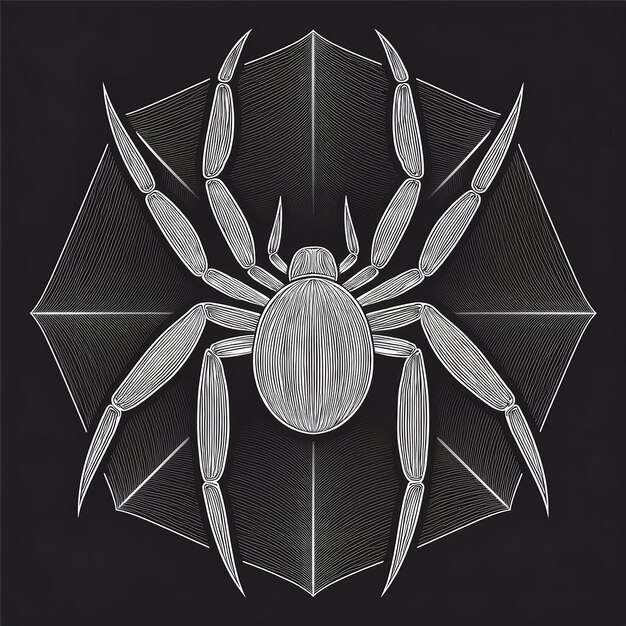 Photo detailed white spider drawing on black with visible body and leg segments