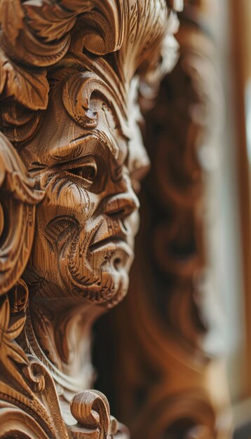 Photo detailed wooden sculpture with intricate engravings against a soft blurred background