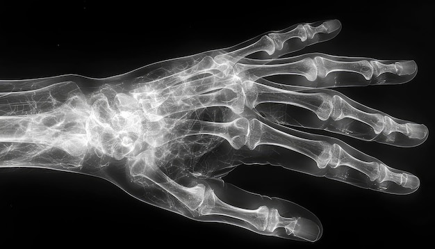 Photo detailed xray adult human hand emphasizing bone structure black and white