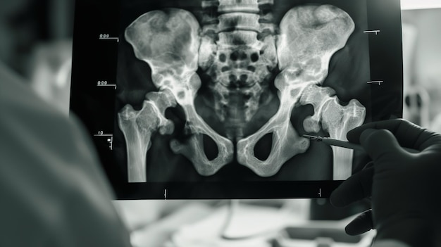 Photo a detailed xray image of human hip bones showcasing the skeletal structure of the pelvis and joints