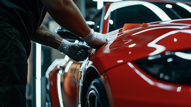 A detailer carefully masking off areas of a car to prepare for a professional paint coating