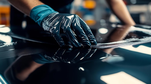 Photo detailing a cars glossy finish in a workshop during daytime