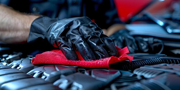 Detailoriented Mechanic Wearing Black Gloves Carefully Cleaning Car Engine with Red Rag Concept Car Maintenance Mechanic Skills Engine Cleaning Black Gloves Red Rag