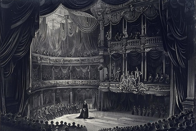 Detailrich Victorian theater engraving captures classical drama