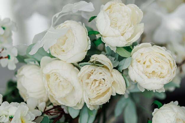 Details Wedding Decor On a gray textural background a bouquet of dried flowers tulips and white