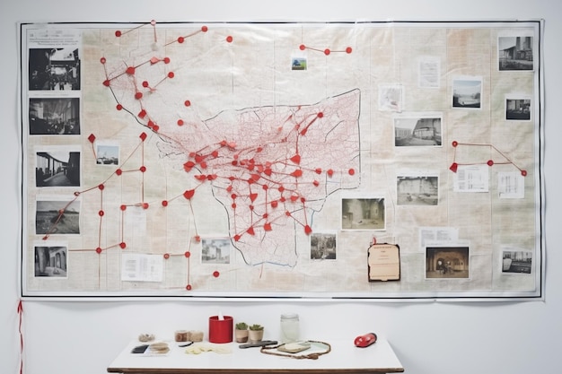 Detective board with fingerprints photos map and clues connected by red string on white brick wall