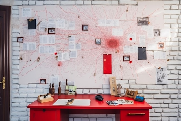 Detective board with fingerprints photos map and clues connected by red string on white brick wall