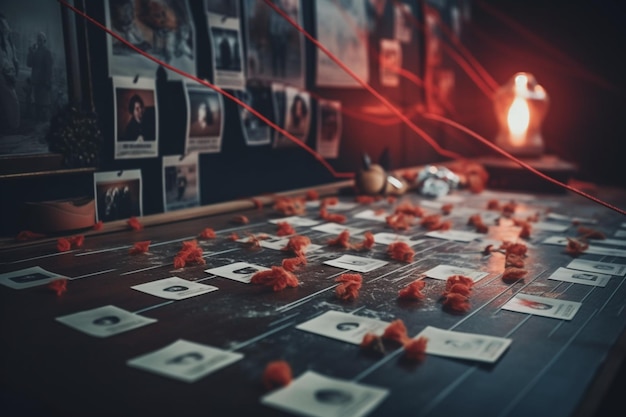 Detective board with photos of suspected criminals crime scenes and evidence with red threads