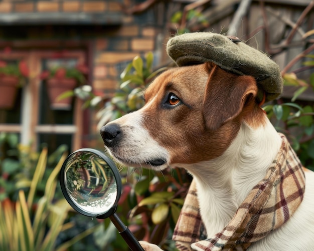 Photo a detective dog with a magnifying glass sniffing out clues in a mysterious backyard case wearing a detectives cap