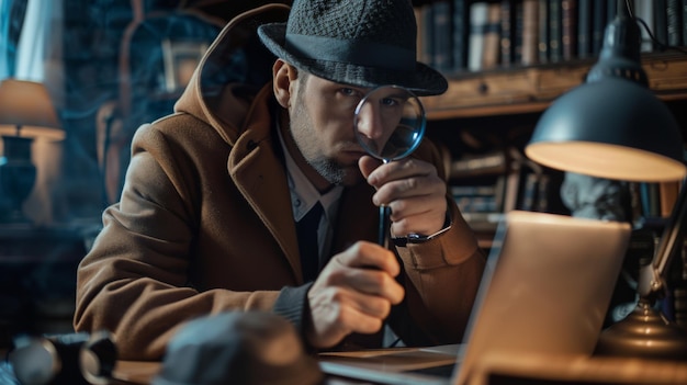 Photo detective examines laptop with magnifying glass in dimly lit room at night