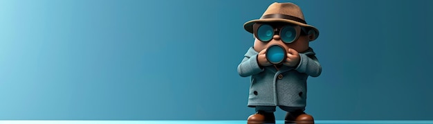 Photo detective gnome with magnifying glass and hat on blue background iconic image of a small