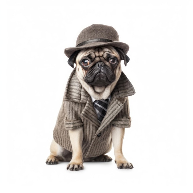 Detective Pug dog on white background Generative AI