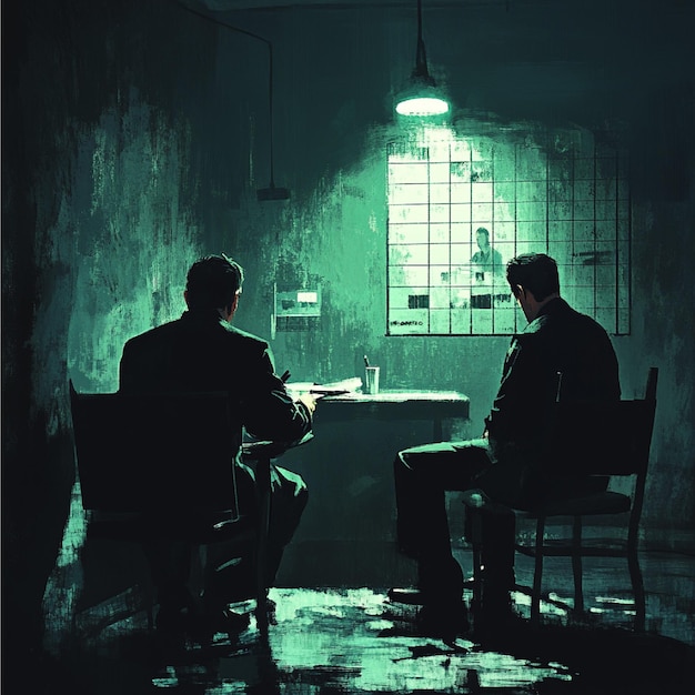 A detective questioning a suspect in an interrogation room