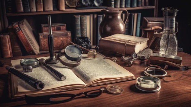 Detective supplies standing on wooden table magnifying glass books