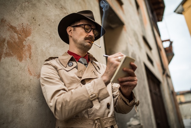 Detective writing on a notebook while stadning against an old wall