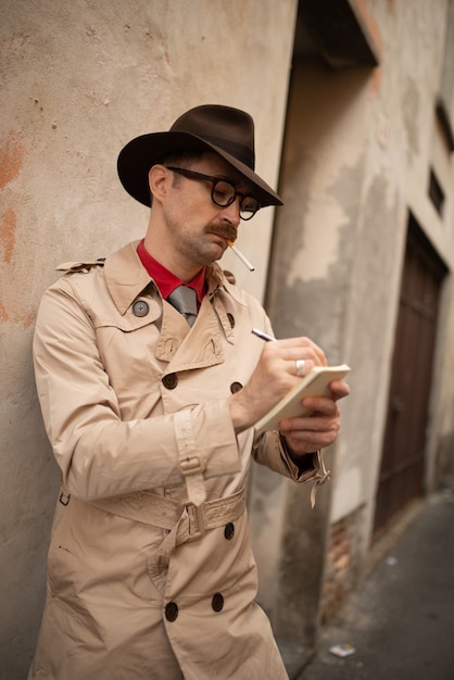 Detective writing on a notebook while standing against an old wall