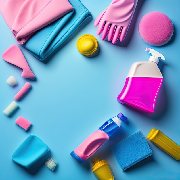 Detergents cleaning accessories pink rubber gloves on a blue background Cleaning service concept